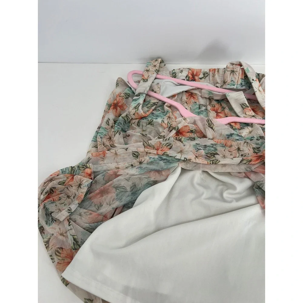 Love Fire Floral Mini Dress Large‎ Tropical Hibiscus Tiered Summer Sleeveless